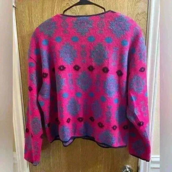Vtg 80s David Wayne Neon Pink Aztec Southwest Print Cropped Fleece Cardigan Sz L - Picture 2 of 9